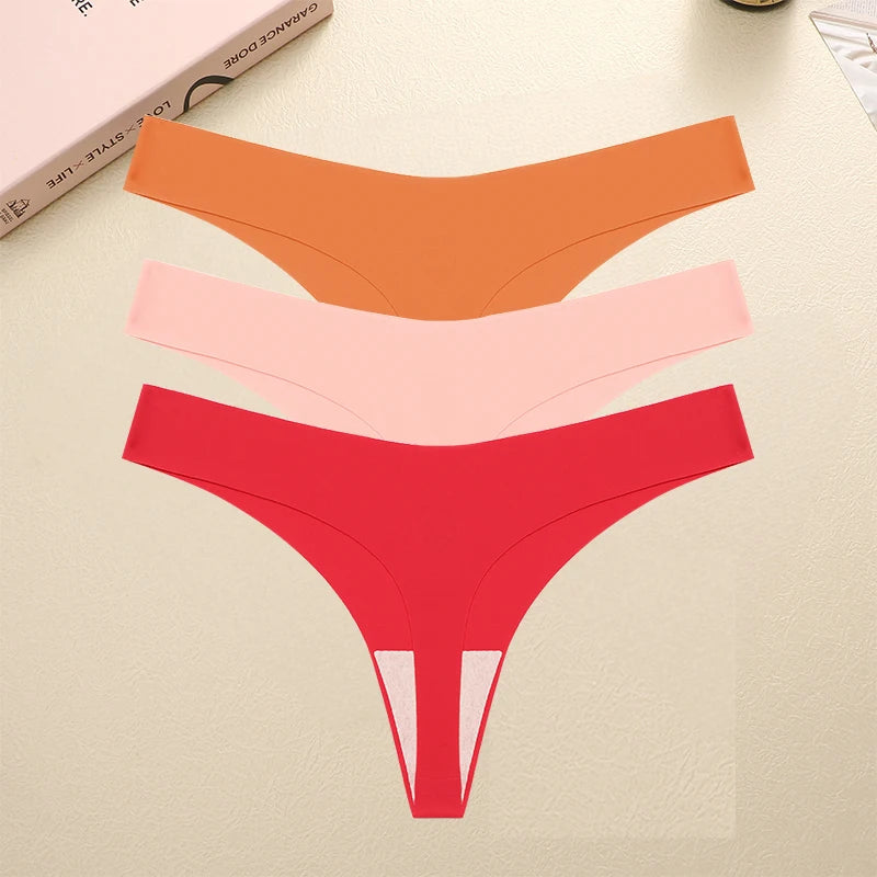 FINETOO 3PCS Seamless Thong Women Ice Silk T-back Intimate Solid Breathable Crotch Briefs Sexy Tanga Multiple 10 Color Lingerie