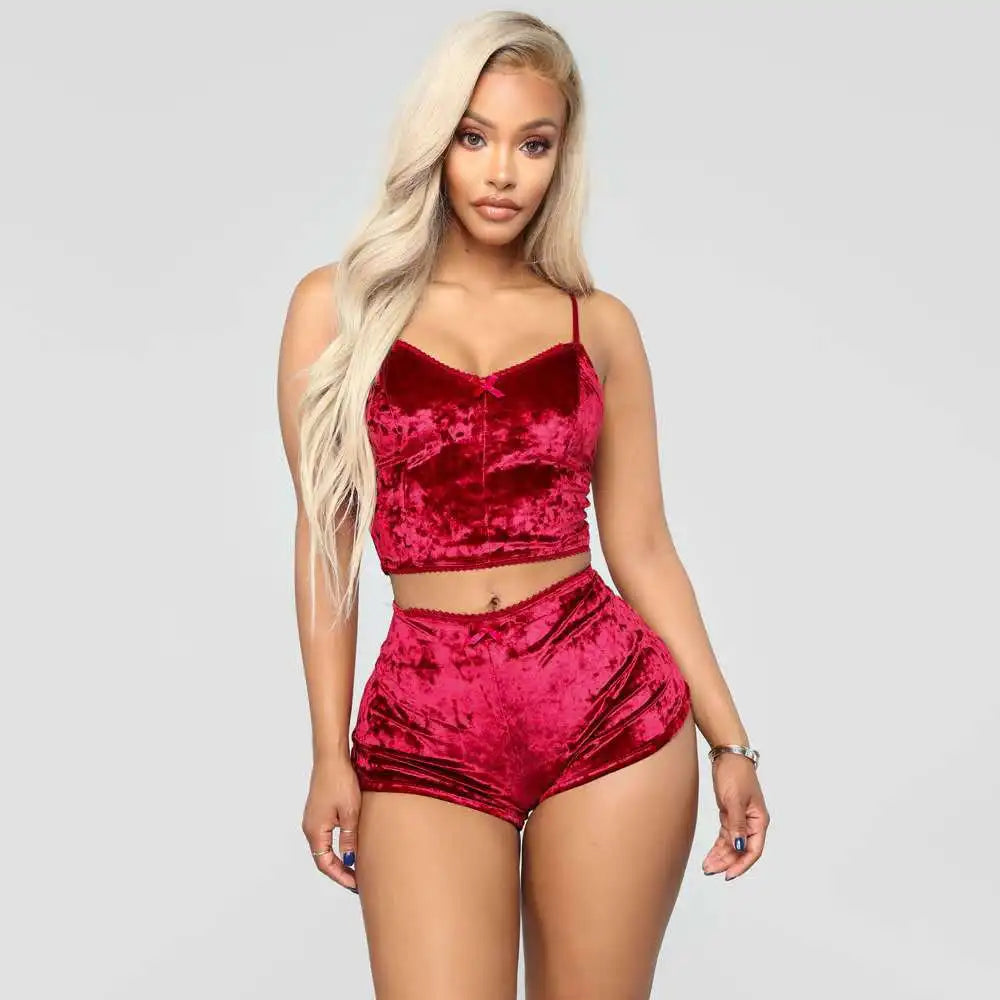 Women Summer Sexy Nightwear V-neck Lingerie Suspender Sleepwear Underwear Crop Tops Shorts Pajamas Set Solid Ladies Nightgown