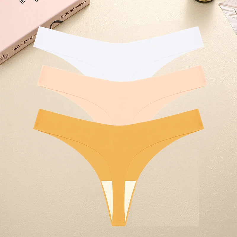 FINETOO 3PCS Seamless Thong Women Ice Silk T-back Intimate Solid Breathable Crotch Briefs Sexy Tanga Multiple 10 Color Lingerie