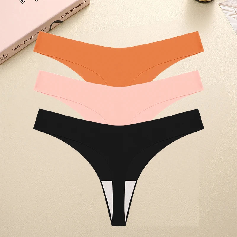 FINETOO 3PCS Seamless Thong Women Ice Silk T-back Intimate Solid Breathable Crotch Briefs Sexy Tanga Multiple 10 Color Lingerie