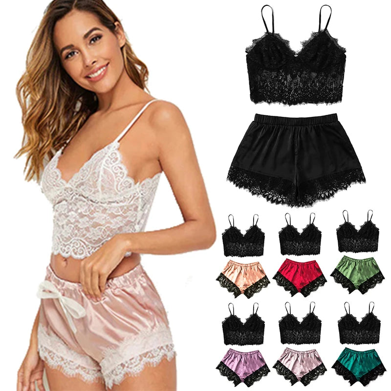 1 Set Womens Sleepwear Sexy Fashion Casual Lace Nightdress Lingerie Tops Shorts Set Babydoll Pajamas Nightwear Womens Underwear